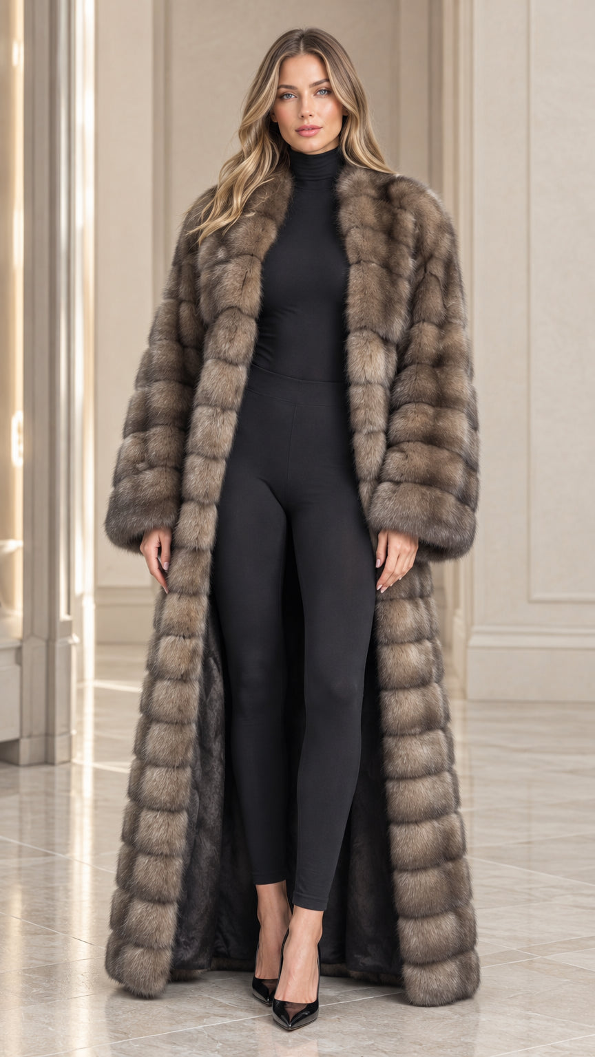 Front full view of woman wearing ash brown full-length faux fur maxi coat