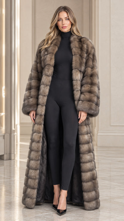 Front full view of woman wearing ash brown full-length faux fur maxi coat