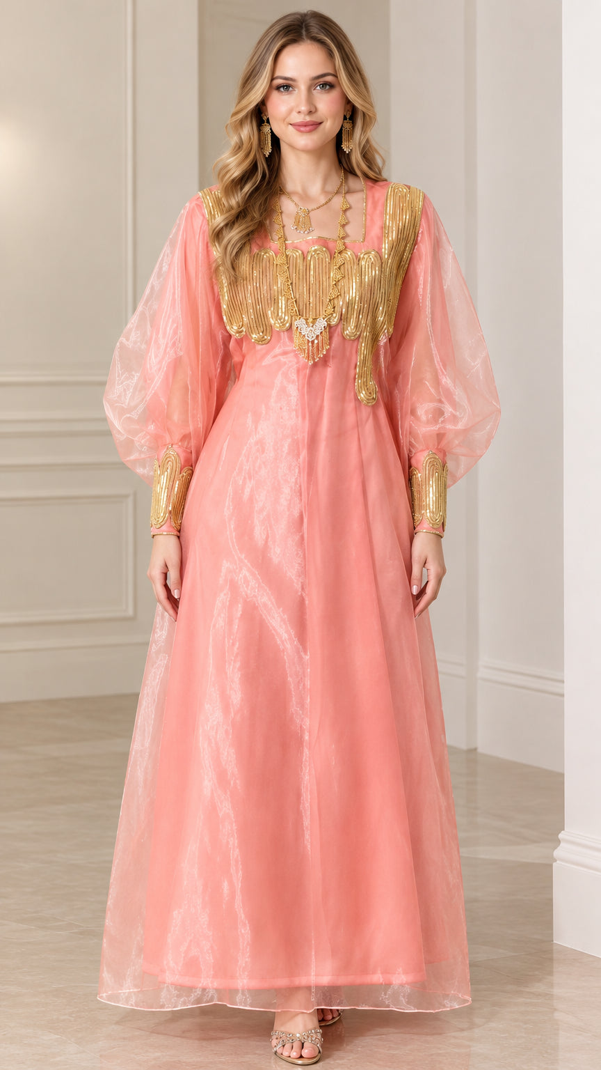 Front view of model wearing pink gold embellished lantern sleeve maxi dress