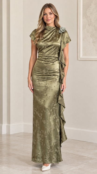 Front view of model wearing Sage Green satin floral jacquard cap sleeve maxi dress with cascading side ruffle