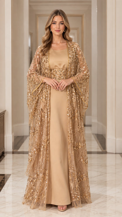 Front view of model wearing gold sequin cape abaya maxi dress set