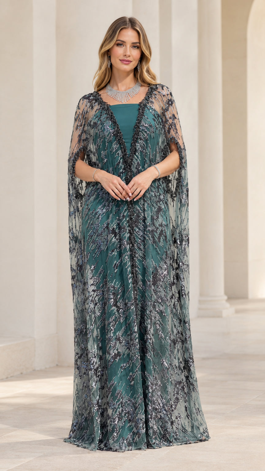 Teal Green sequined cape overlay evening gown front full-length view