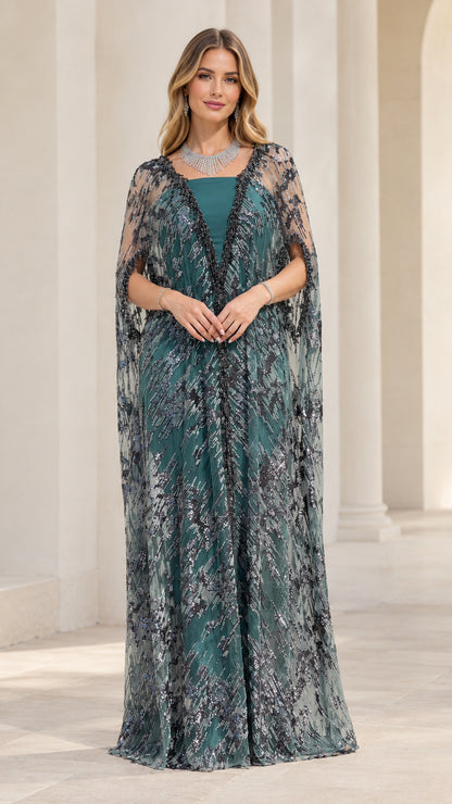Teal Green sequined cape overlay evening gown front full-length view