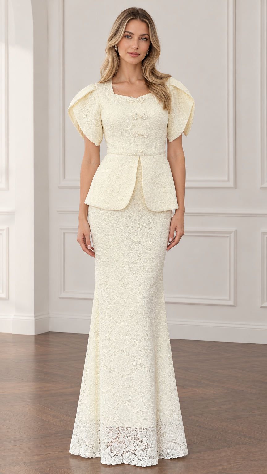 Full front view of ivory lace peplum evening maxi dress with flutter sleeves