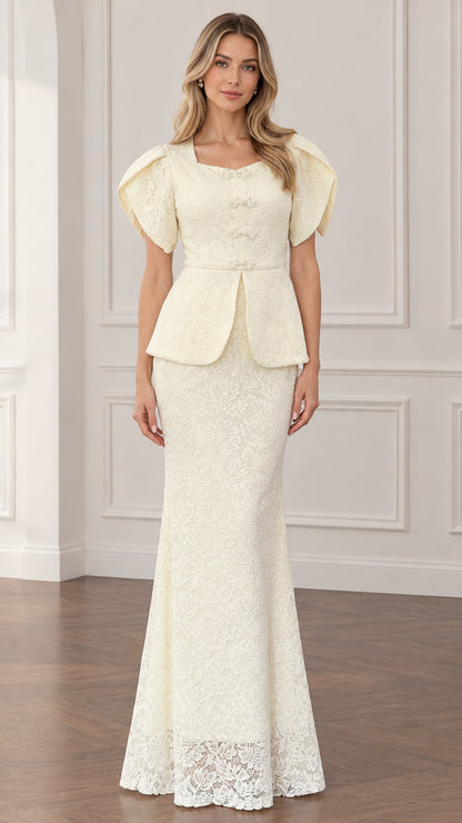 Full front view of ivory lace peplum evening maxi dress with flutter sleeves