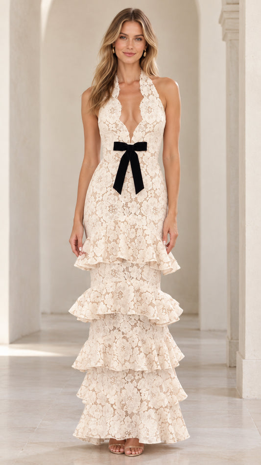 Cream floral lace halter maxi dress with plunge neckline and black velvet waist bow front view