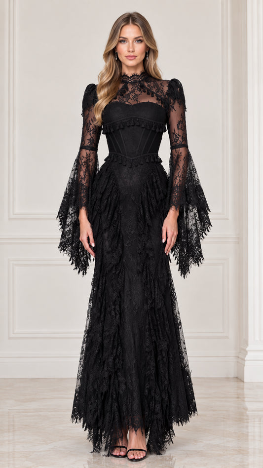 Front view of black high neck lace corset maxi dress with flared bell sleeves