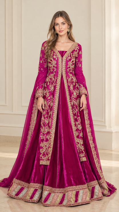 Front view of model wearing magenta embroidered long sleeve maxi evening gown