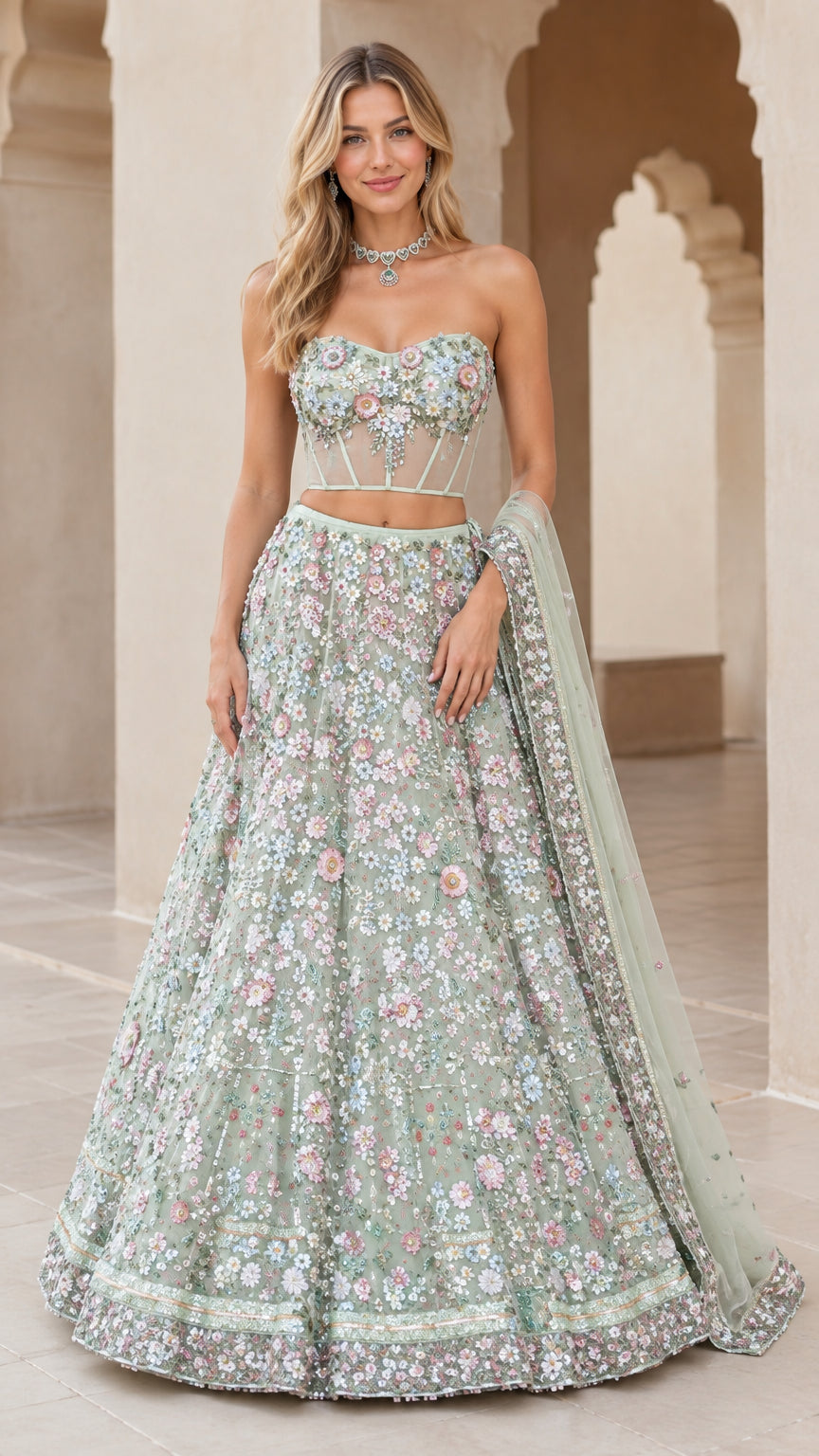 Front view of model wearing sage green 3D floral embroidered strapless corset lehenga set