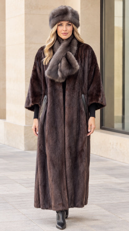Full front view of women's maxi faux fur coat in espresso brown