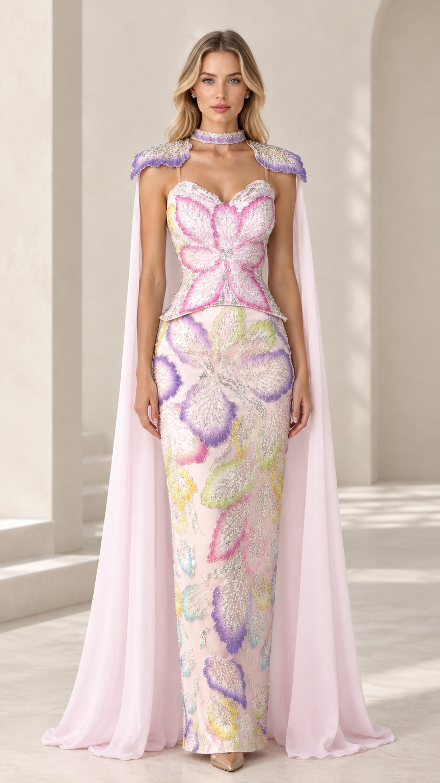 Front full view of light pink floral beaded evening gown with flowing sheer cape