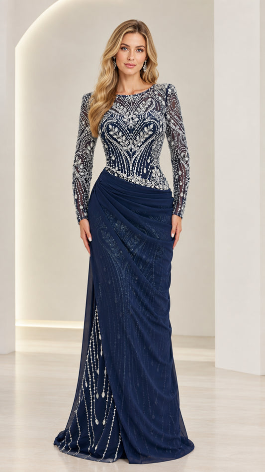 Navy Blue beaded illusion bodice long sleeve evening gown front view