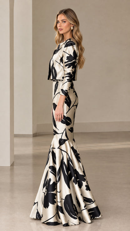 Side profile view of ivory floral two-piece evening dress set with flare hem