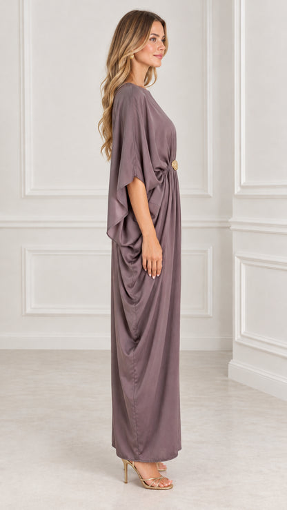 Side profile of model in mauve batwing sleeve kaftan maxi dress