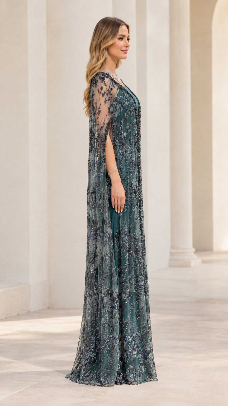 Teal Green sequin cape maxi dress side view showing sheer cape drape