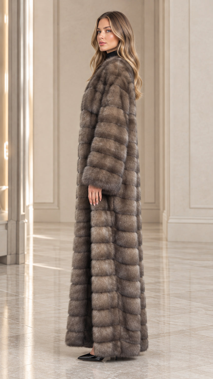 Side profile view of woman wearing ash brown tiered faux fur duster coat