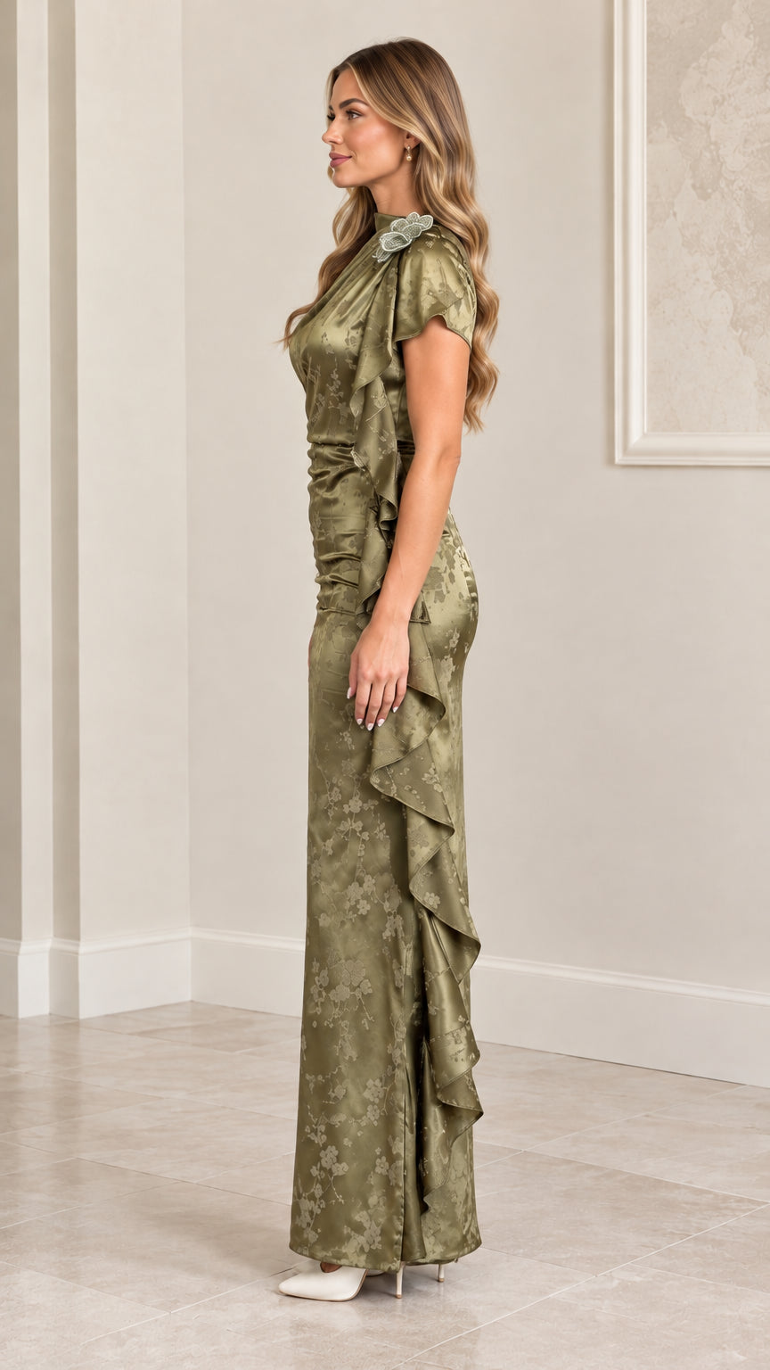 Side profile view of Sage Green satin floral jacquard maxi dress highlighting drape and silhouette