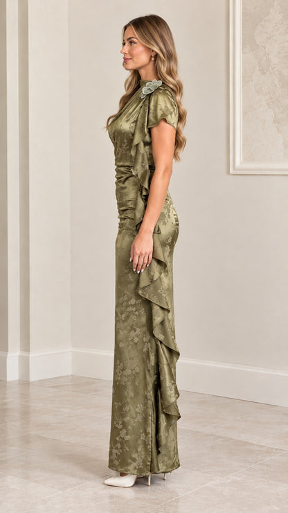 Side profile view of Sage Green satin floral jacquard maxi dress highlighting drape and silhouette