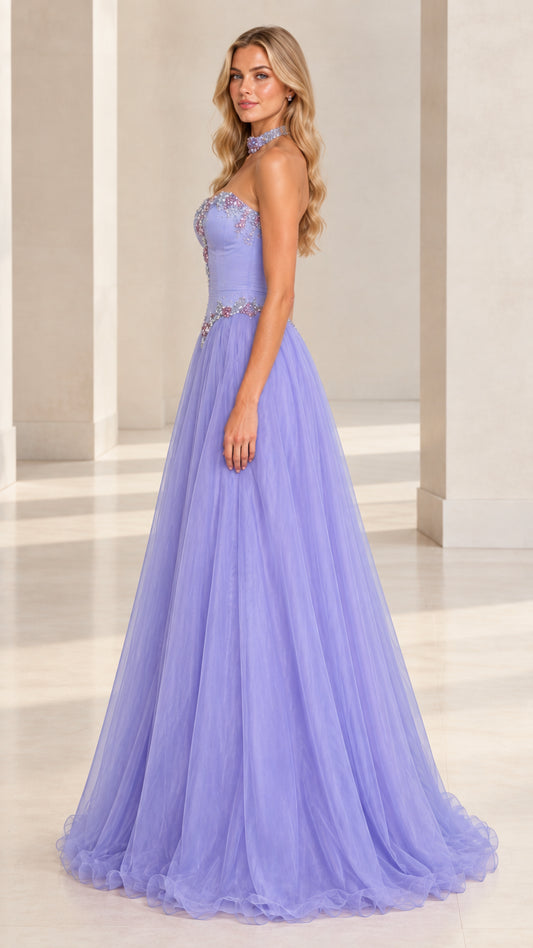 Side profile of lavender sweetheart tulle prom gown with crystal beaded bodice