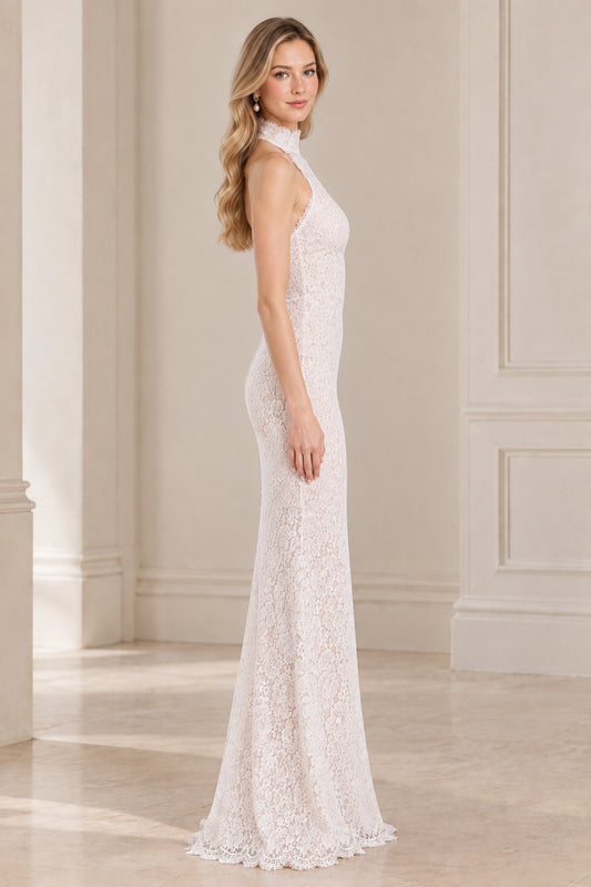 Side profile of white halter lace evening gown