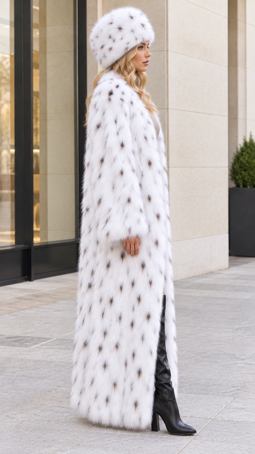 Side profile of full length white spotted faux fur coat
