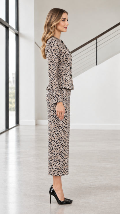 Side profile view of taupe peplum jacket and matching midi column skirt