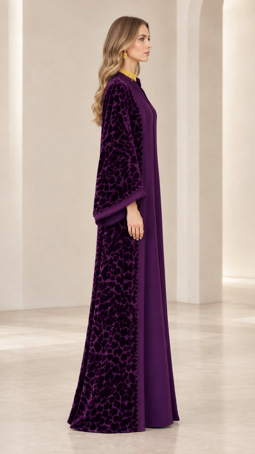Deep purple velvet abaya maxi dress side view showing bell sleeves