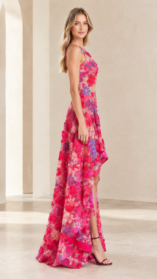 Side view of sleeveless Hot Pink floral lace high-low dress