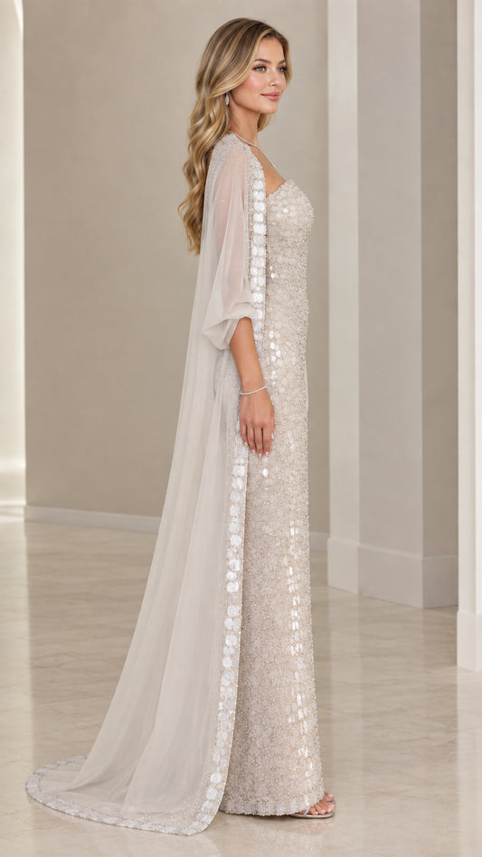 Side profile of champagne embellished evening gown with flowing chiffon cape