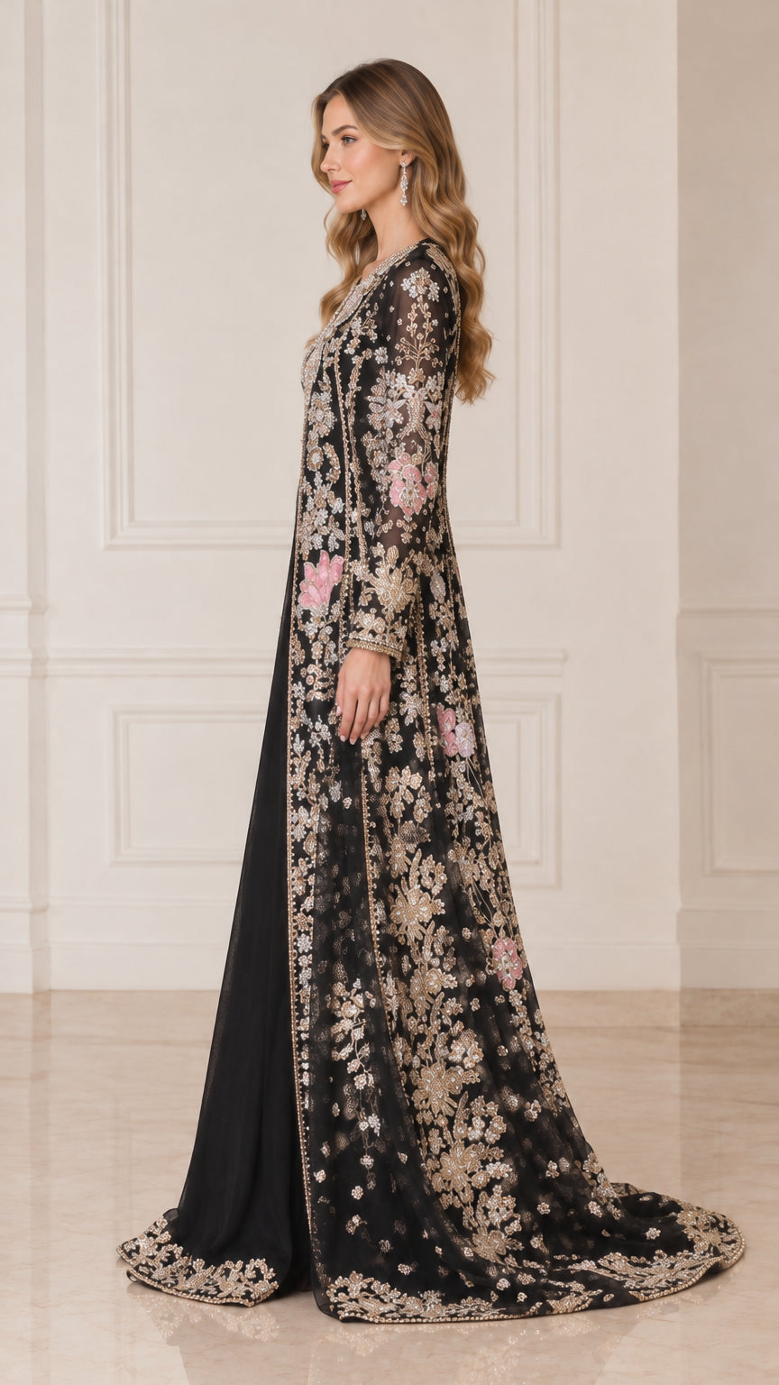 Side profile of black beaded embroidered long coat evening gown