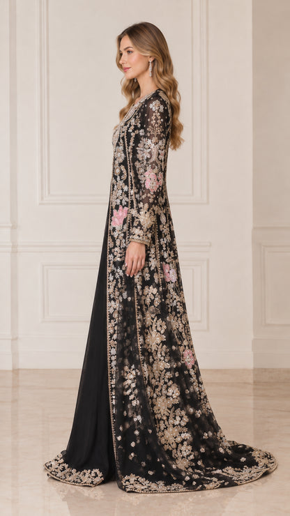 Side profile of black beaded embroidered long coat evening gown