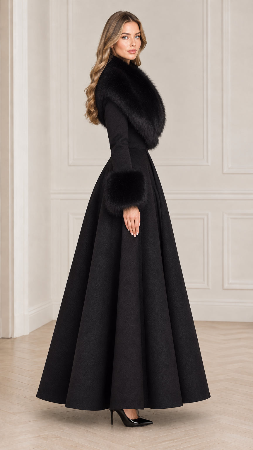 Side profile view of elegant black fit and flare maxi coat with fur trim