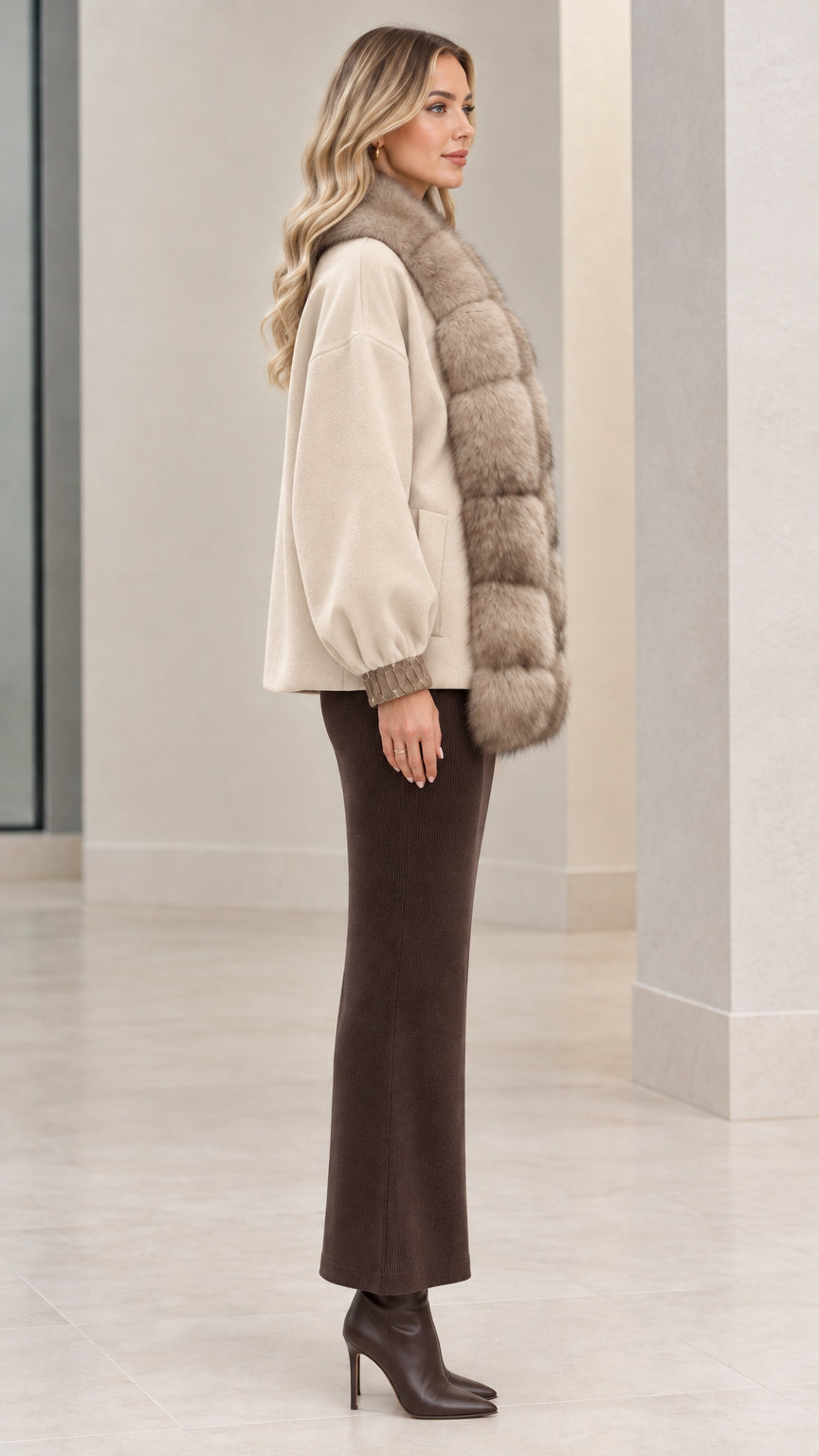 Side profile view of beige faux fur trim jacket showing sleeve drape