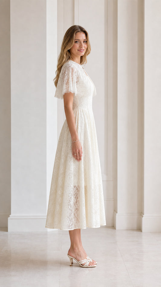 Side profile of Ivory Floral Lace Capelet Midi Dress