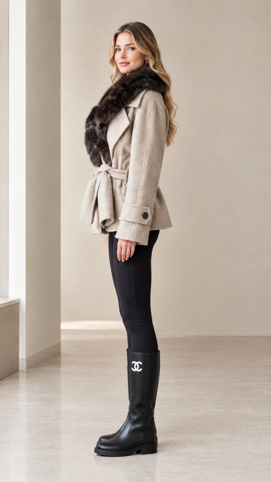 Side profile view of beige belted wool blend jacket with faux fur trim