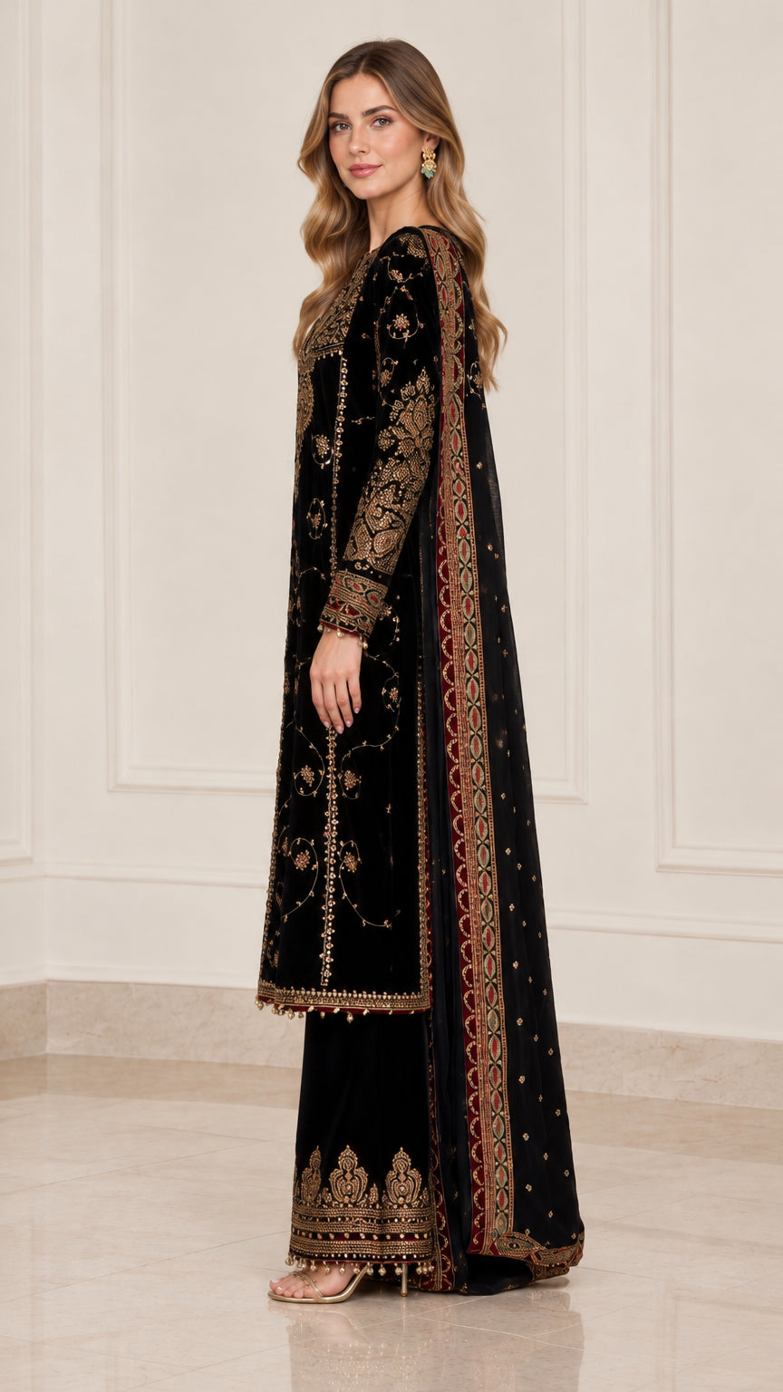 Side profile view of woman wearing black embroidered velvet kurta and wide-leg palazzo