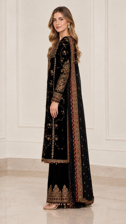 Side profile view of woman wearing black embroidered velvet kurta and wide-leg palazzo