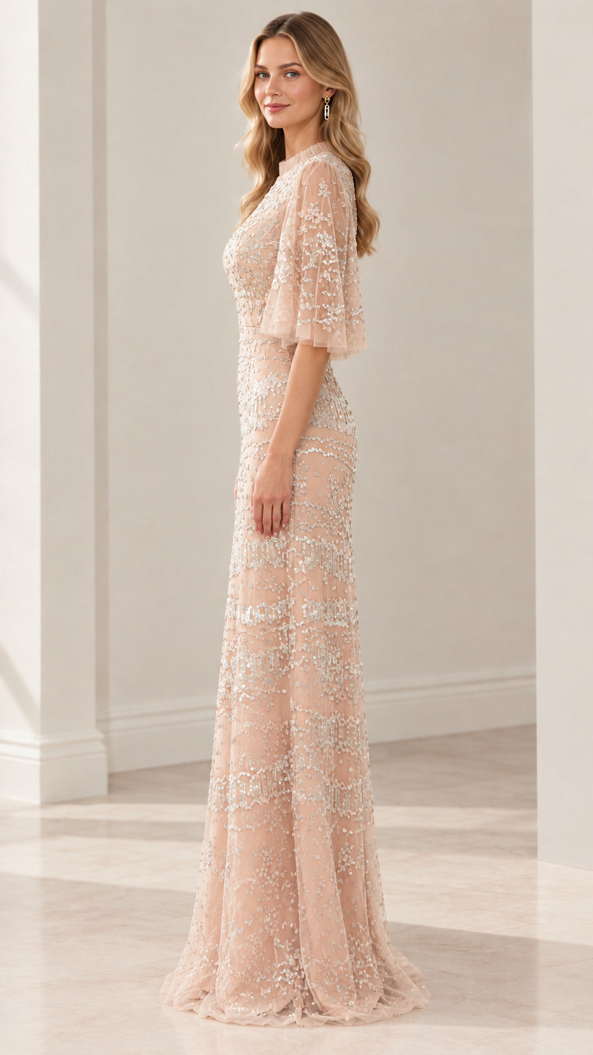 Side profile view of champagne sequin maxi formal dress with flutter sleeves