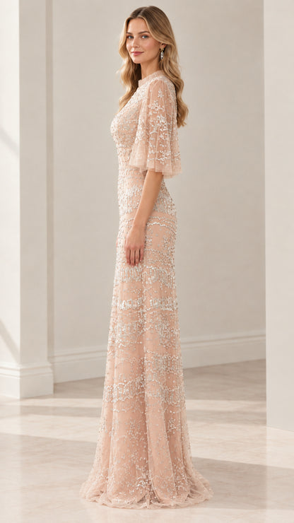Side profile view of champagne sequin maxi formal dress with flutter sleeves