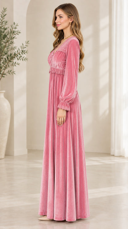 Side profile view of dusty pink velvet long sleeve maxi dress