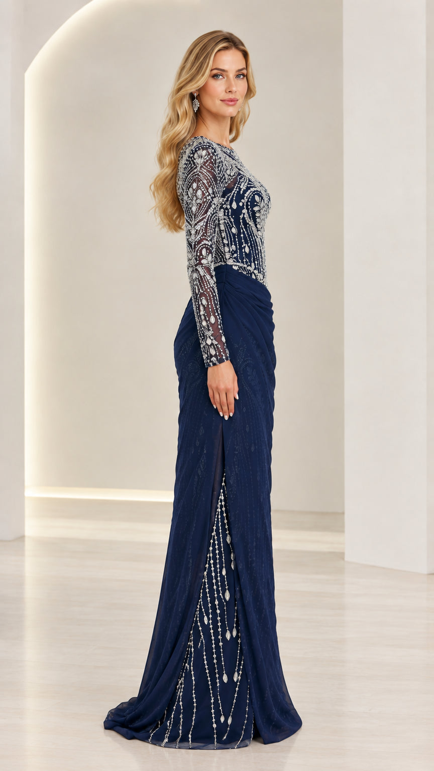 Navy Blue long sleeve formal maxi dress side view with ruched drape