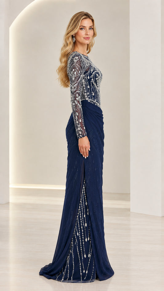 Navy Blue long sleeve formal maxi dress side view with ruched drape