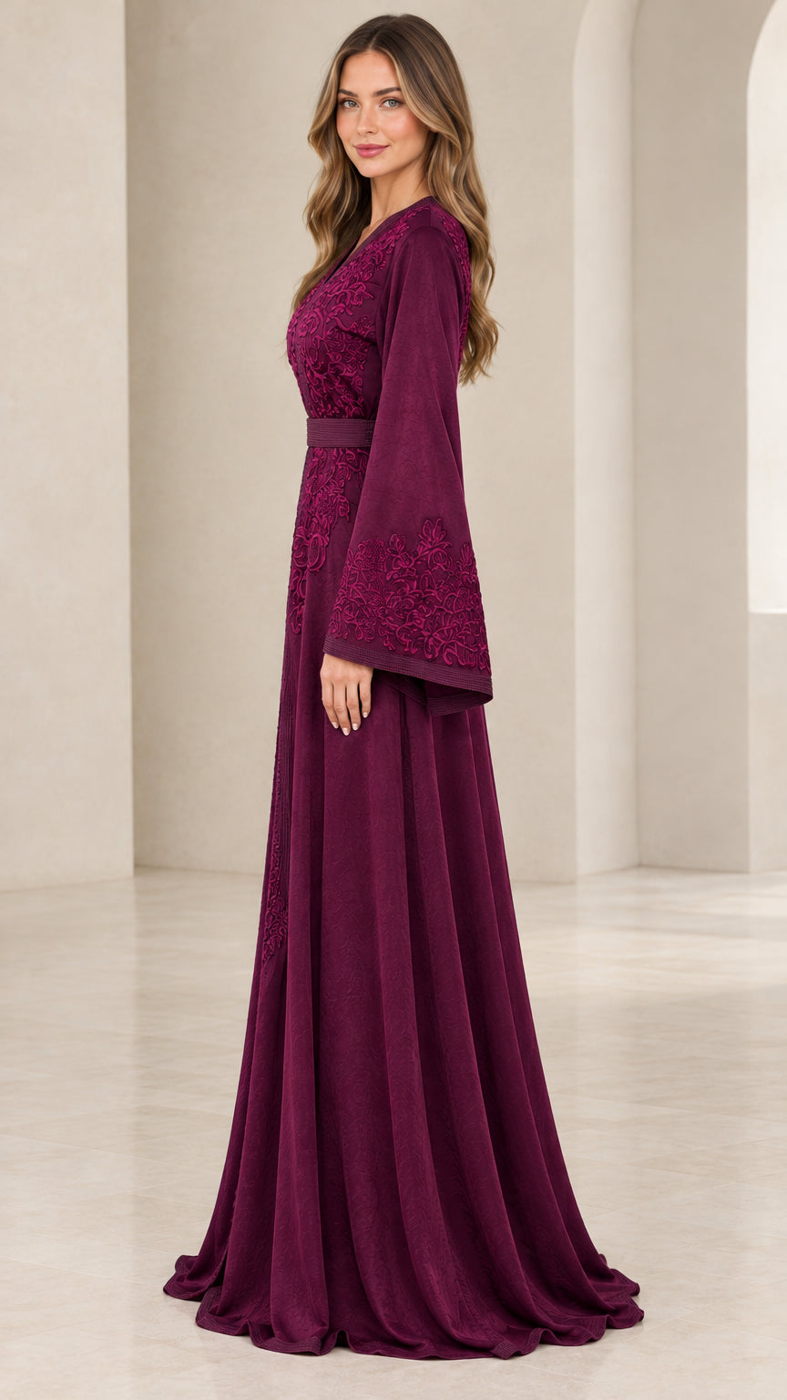 Burgundy long sleeve kaftan dress side angle view