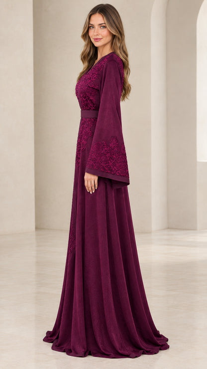 Burgundy long sleeve kaftan dress side angle view