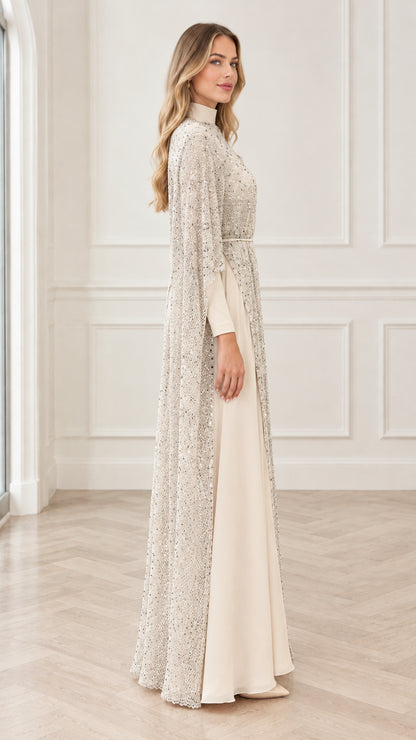 Champagne sequin cape formal gown three-quarter side view