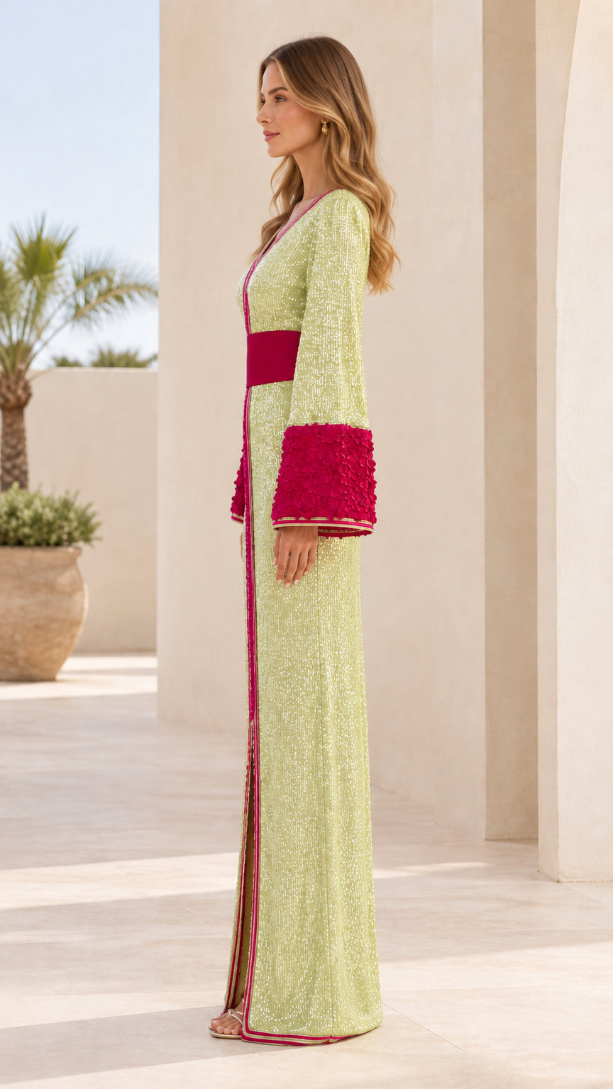 Side profile view of lime green sequin evening gown showing sleeve volume and column drape