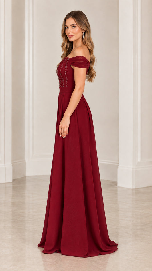 Side profile of burgundy wide-leg evening jumpsuit with beaded bodice