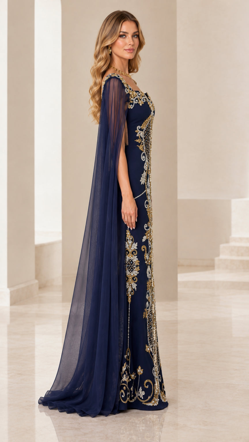 Side view of navy blue floor-length formal gown with flowing sheer cape