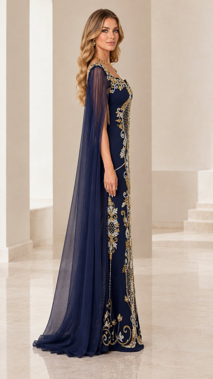 Side view of navy blue floor-length formal gown with flowing sheer cape