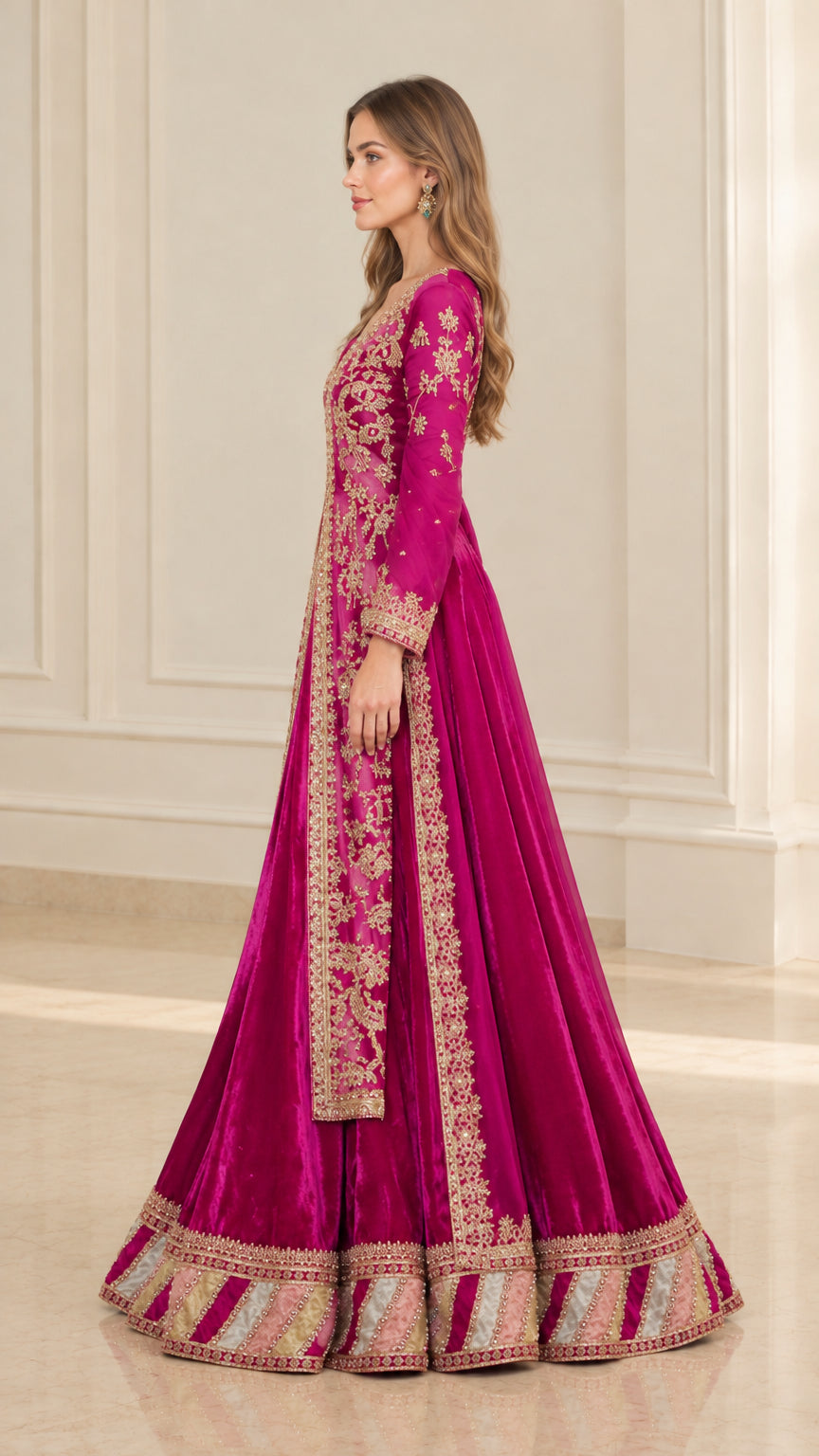 Side profile of magenta embroidered floor-length formal gown